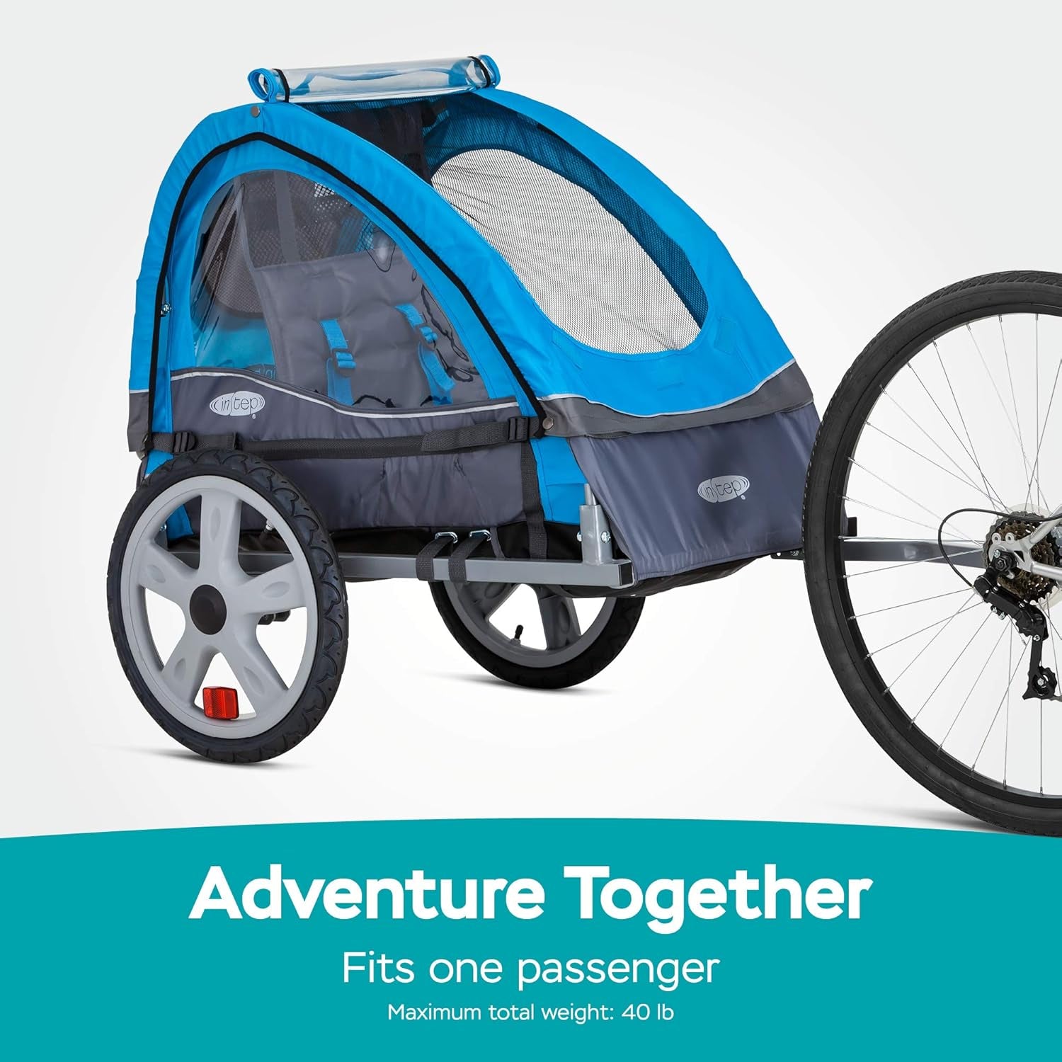 Sync Single Seat Bike Child Trailer, Max Weight 40 Lbs., 5-Point Harness, Folding Frame, Quick Release Wheels, Easy Storage, Bug Screen & Weather Shield, Blue