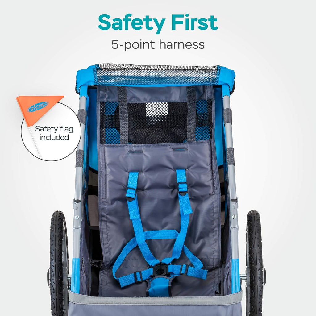 Sync Single Seat Bike Child Trailer, Max Weight 40 Lbs., 5-Point Harness, Folding Frame, Quick Release Wheels, Easy Storage, Bug Screen & Weather Shield, Blue